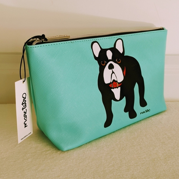 marc tetro Frenchie Large Cosmetic Case Pouch Bag PVC Saffiano Aqua NWT - Picture 3 of 11